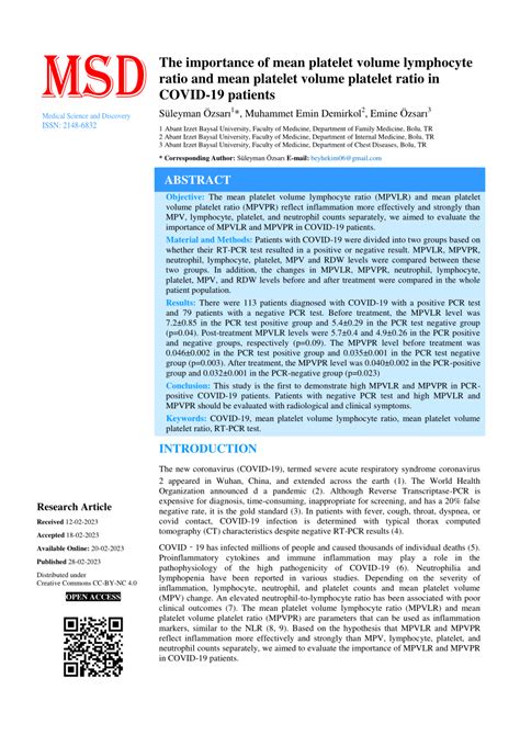 PDF The Importance Of Mean Platelet Volume Lymphocyte Ratio And Mean