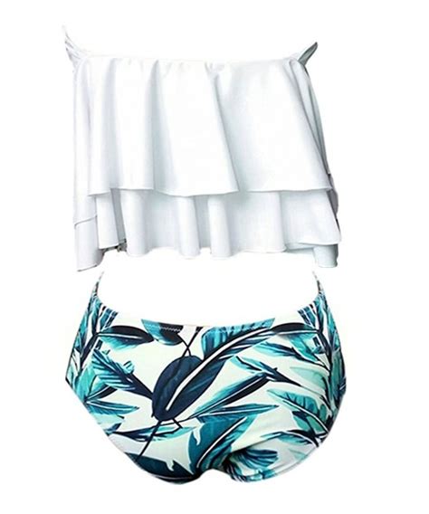 Women S Off Shoulder Floral Print Flounce Two Piece Swimsuit High Waist Ruffled Bikini White