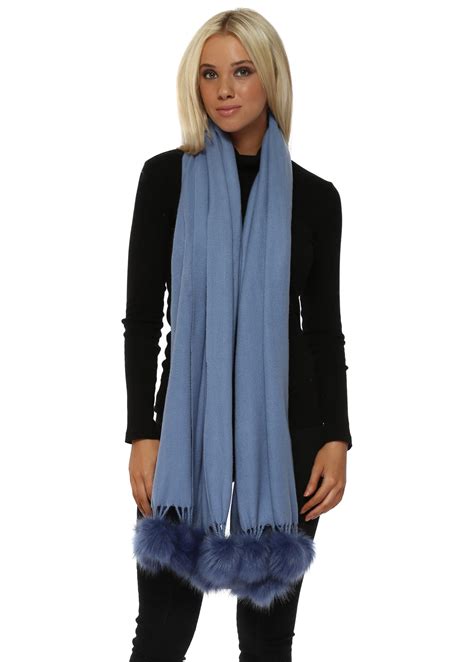 Blue Cashmere Faux Fur Pom Pom Wrap Jayley