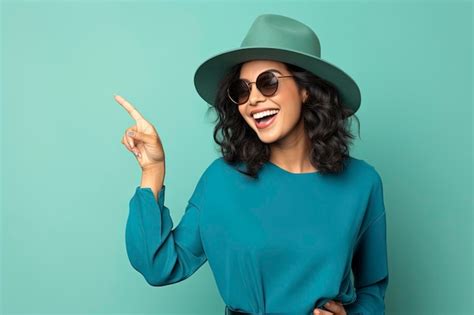 Premium AI Image Smiling Asian Brunette Woman In Sunglasses Pointing Fingers Sideways Left And