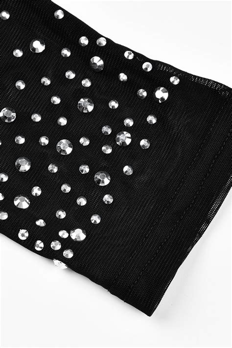 Wholesale Black Fashion Sexy Patchwork Hot Drilling See Through O Neck