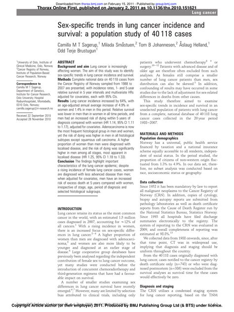 PDF Sex Specific Trends In Lung Cancer Incidence And Survival A Population Study Of 40 118 Cases