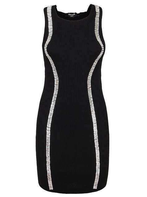 Balmain Crystal Embellished Rib Knit Mini Dress In Black Modesens