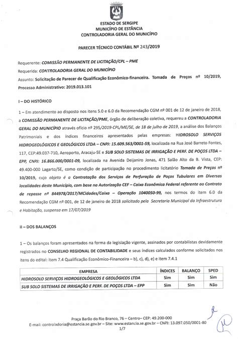 12. Parecer Técnico Contábil n. 243.2019 - Análise das Demonstrações