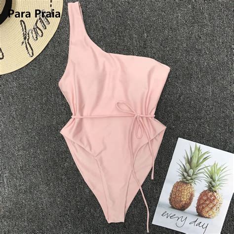 Pink Sexy One Piece Swimsuit Solid Swimwear Women 2019 One Shoulder Monokini Thong Bikini