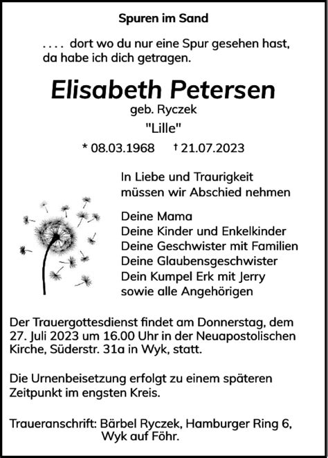 Traueranzeigen Von Elisabeth Petersen Sh Z Trauer