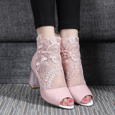 Nude Pink Peep Toe Lace Patchwork Chunky Heels Sandals On Luulla