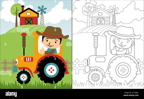 Libro Para Colorear O P Gina Con Tractor De Dibujos Animados De