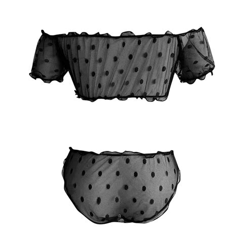 2 Pc Womens Underwear Polka Dot Mesh Lingerie Set Off The Shoulder