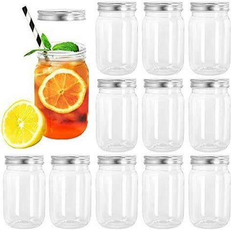 Tebery 12 Pack Clear Plastic Mason Jars With One Piece Lids 16OZ Mason