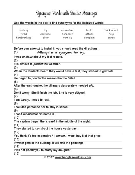 Synonyms Words With Similar Meanings 2 Worksheet For 3rd 6th Grade