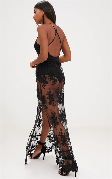 Black Sheer Lace Plunge Maxi Dress Dresses Prettylittlething