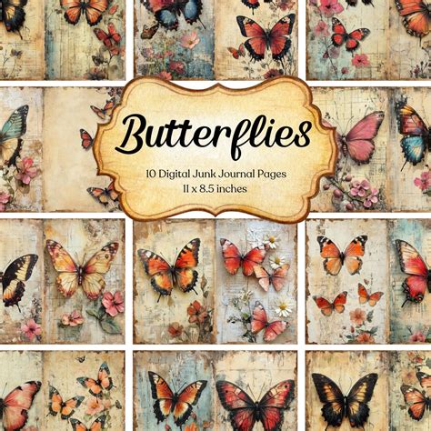 Butterfly Junk Journal Printable Page Flower Scrapbook Paper Kit