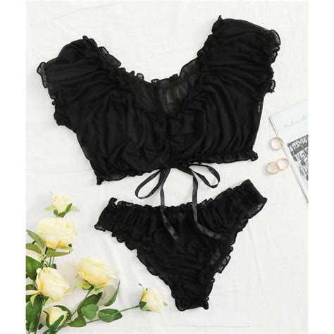 Pudcoco 2 Pcs Lady S Sexy Lingerie Set Solid Color Boat Neck Short Sleeve Lace Top Elastic