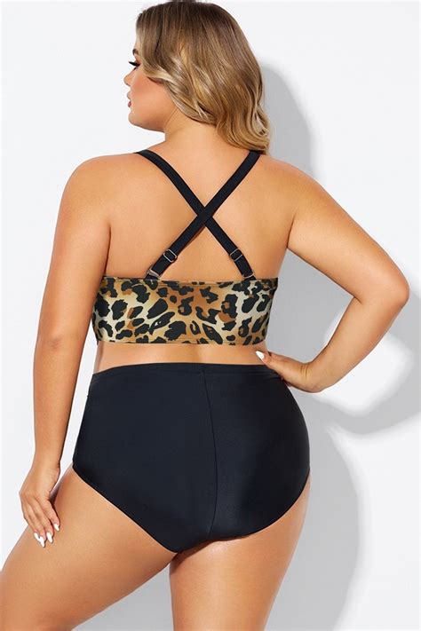 Plus Size V Neck Leopard Print Crossback Bikini Top Meet Curve Meet Curve