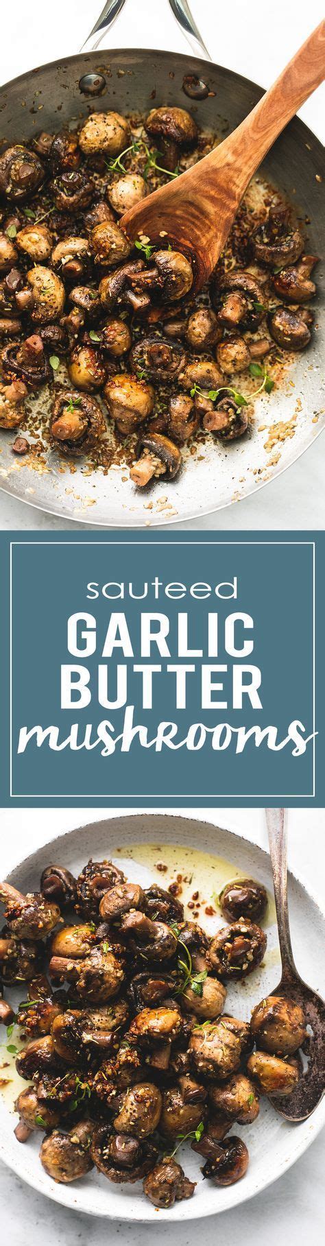 Grilled Garlic Butter Mushrooms In A Skillet With A Wooden Spoon On The