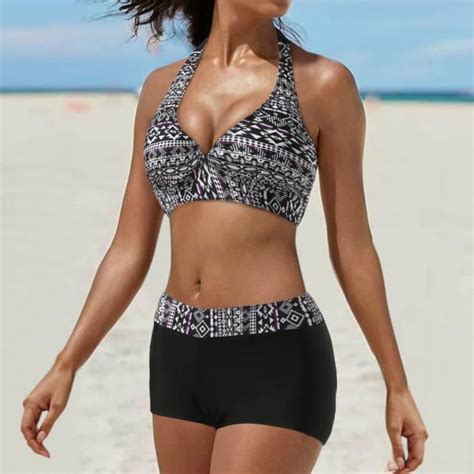 Sexy casual bikini set imprimé bikini col v tankini taille haute maillot de bain deux pièces