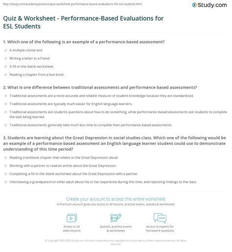 Quiz And Worksheet Performance Based Evaluations For Esl Students