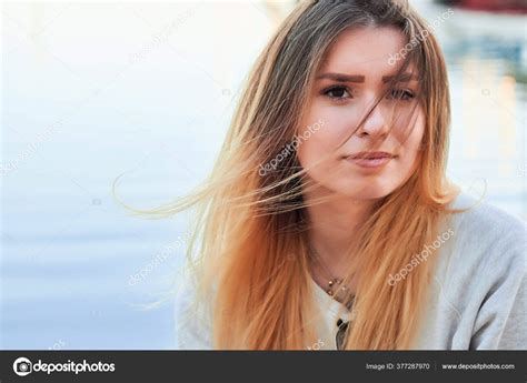 Close Face Beautiful Blonde Looking Frame Hair Fluttering Wind Stock