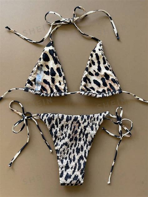 SHEIN Swim Summer Beach Leopard Smocked Triangle Tie Side Bikini Set SHEIN UK