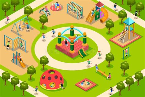 isometric map  kids playing   playground vector illustration stock