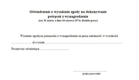 Wzór oświadczenia o wyrażeniu zgody na dokonywanie potrąceń z