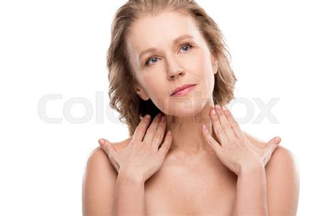 Beautiful Nude Middle Aged Woman With Clean Face Isolated On White