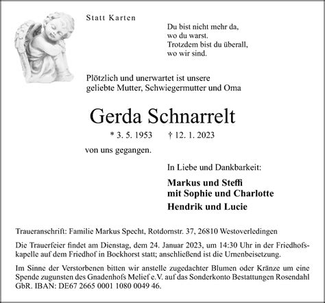 Traueranzeigen Von Gerda Schnarrelt Noz Trauerportal