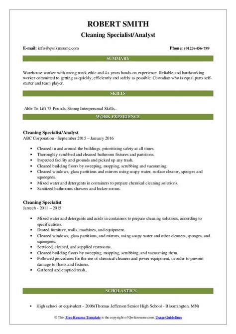 Cleaning Specialist Resume Samples Qwikresume