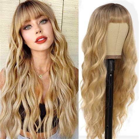 Amazon Lativ Ombre Blonde Brown Wig With Bangs Long Wavy Curly