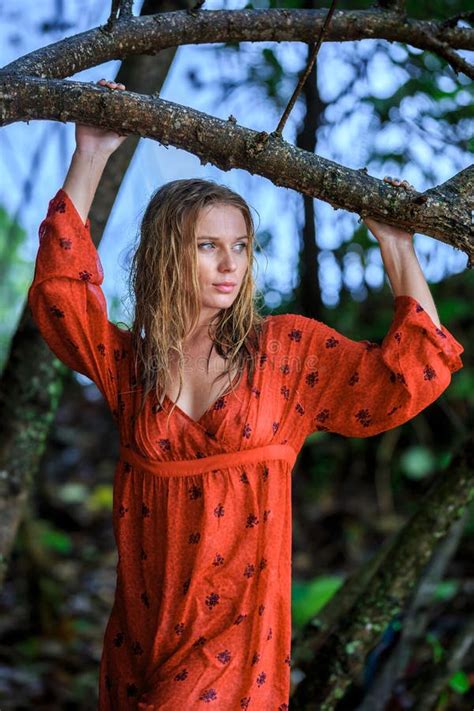 Blonde Woman In Red Wet Dress At Rainig Day Stock Photo Image Of Mood Cute