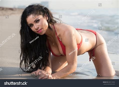 Brunette Model Wearing Red Bikini On Stock Photo Shutterstock