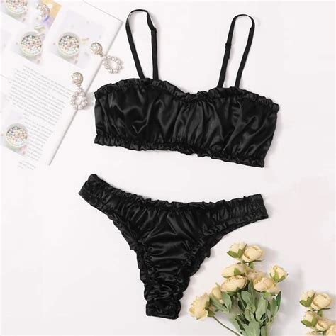 Sexy Zijden Satijnen Lingerie Set Vrouwen Elastisch Naakt Ondergoed Bh Thong Zwart Sexy