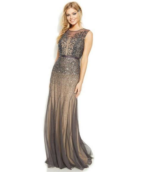 Adrianna Papell Gunmetal Nude Sleeveless Illusion Sequin Beaded Gown A Ebay