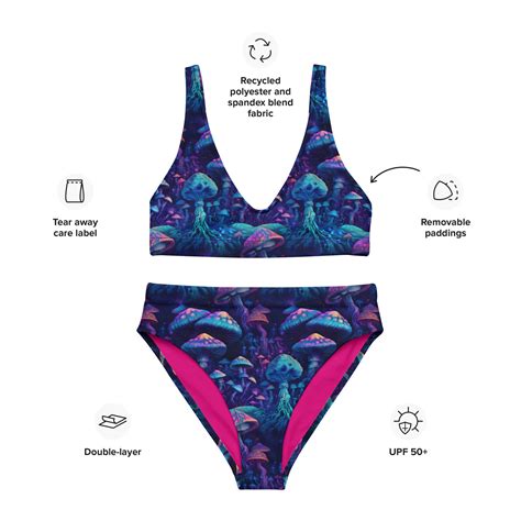 Trippy Neon Mushrooms Bikini Mushroom Designer Swimsuit Psychedelic High Waisted Bikini