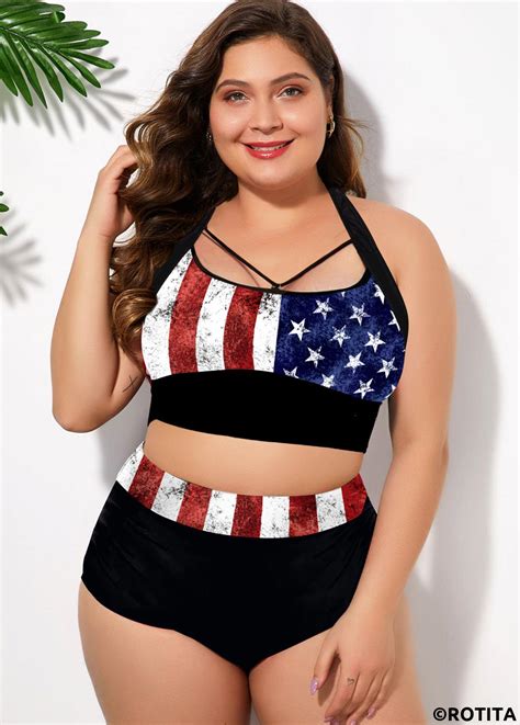 Rotita American Flag Print Plus Size Cross Strap Bikini Set