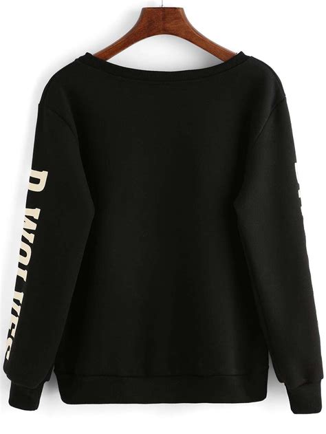 Black Round Neck Letters Print Loose Sweatshirtfor Women Romwe