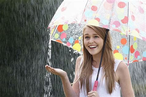 Teenage Girl Sheltering From Rain Beneath Umbrella Background And