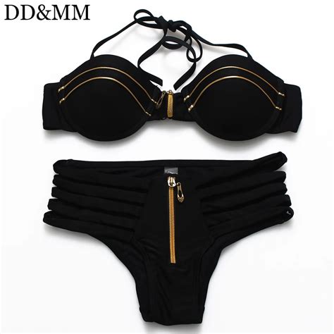 DD MM Sexy Black Solid Bandeau Bikini String Hollow Out Swimwear Women Zipper Swimsuit Strappy