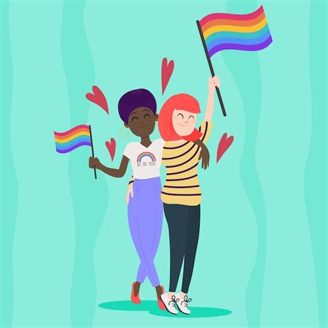 Free Vector Flat Design Lesbian Couple With Lgbt Flag Illustrated