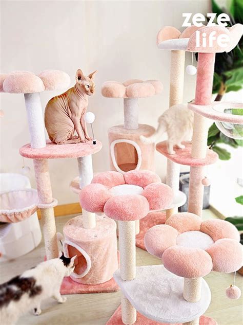 The Pink Flower Cat Tree Stood Tall In The Corner Of The Room