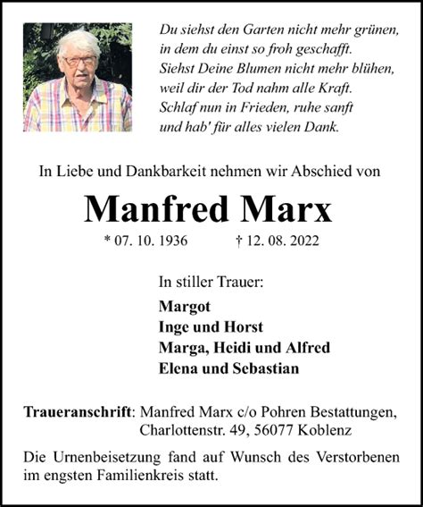 Traueranzeigen Von Manfred Marx Rz Trauer De