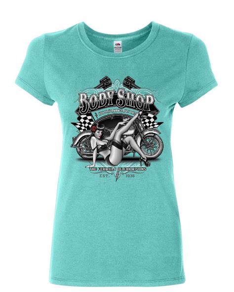 Retro Body Shop Womens T Shirt Chopper Sexy Pin Up Girl Route 66 Biker