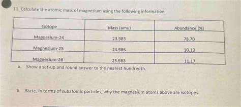 Solved Calculate The Atomic Mass Of Magnesium Using The Following