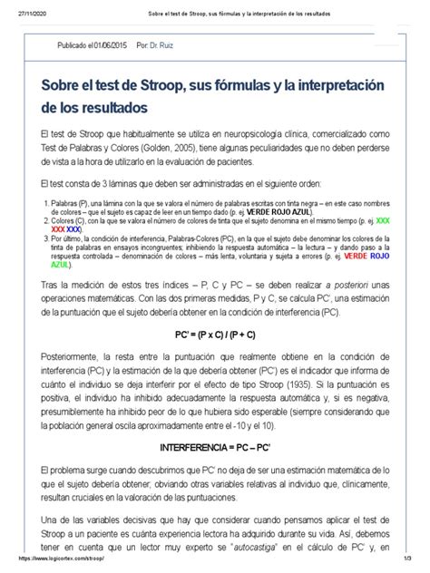 Sobre El Test De Stroop Sus Fórmulas Y La Interpretación De Los Resultados Pdf Ciencia