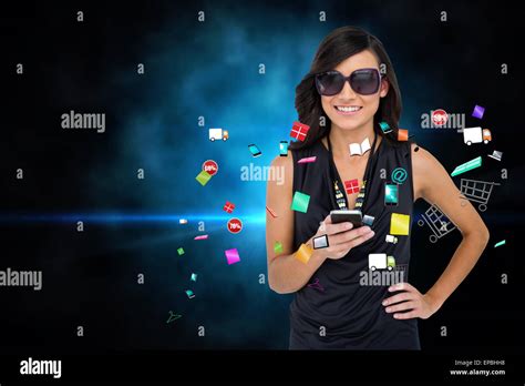 Glamorous Brunette Using Smartphone With App Icons Stock Photo Alamy
