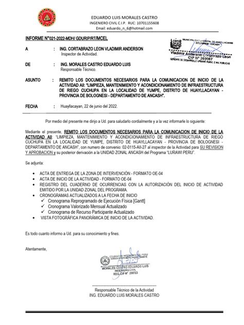 Informe N°021 Remito Documentos De Inicio Pdf