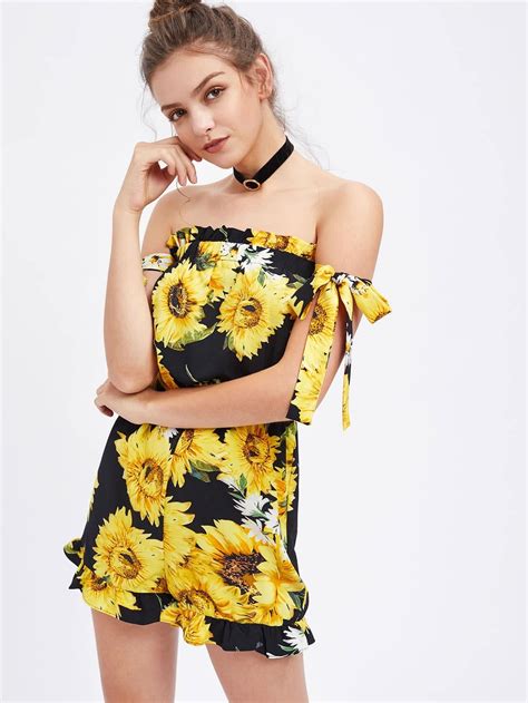 Off Shoulder Sunflower Print Bow Tie Romper Shein Sheinside