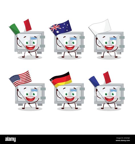 Digital Safe Box Cartoon Character Bring The Flags Of Various Countries