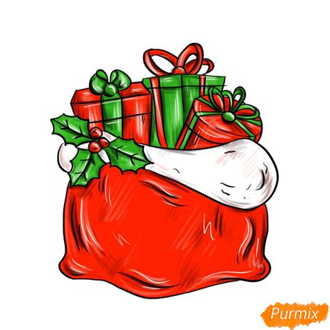 Как нарисовать мешок с подарками поэтапно 5 уроков